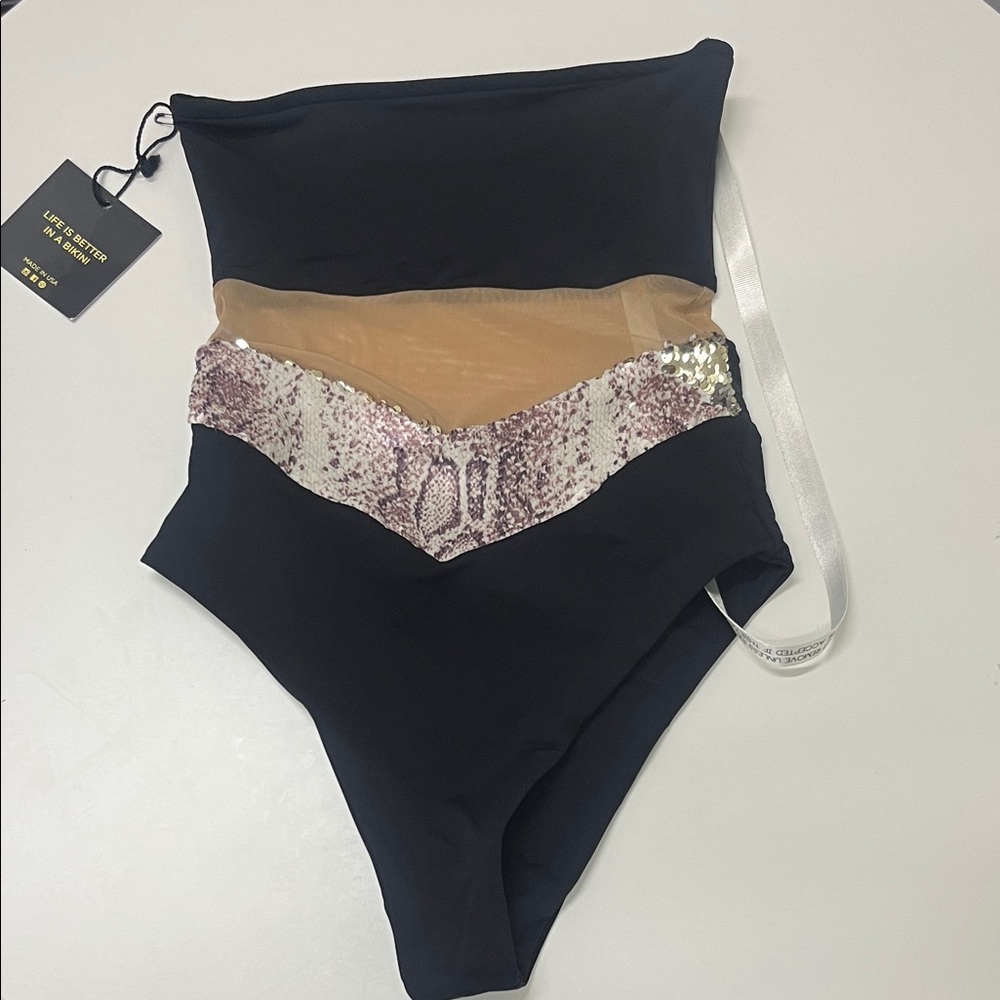 Black and Beige One-Piece Swimsuit - Picture 5 of 10